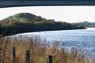 A river with a large bridge over it