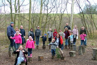 Families in woods in winter