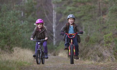 Two children, wearing helmets, ride bikes along a woodland path