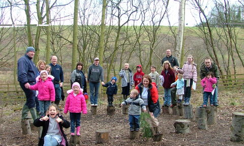 Families in woods in winter