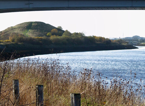 A river with a large bridge over it