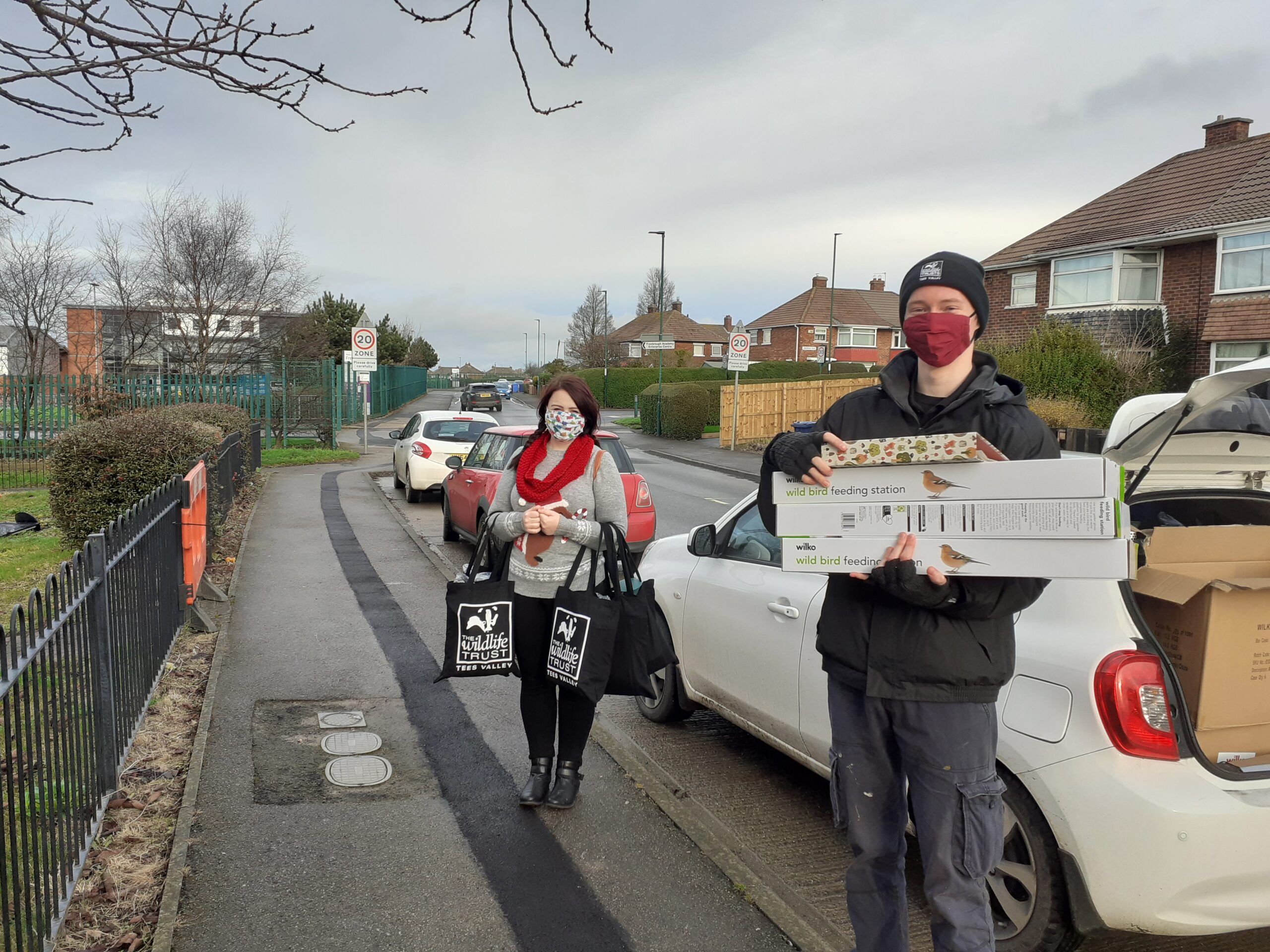 Wildlife Trainees delivering burd feeders to Brotton Bird Buddies