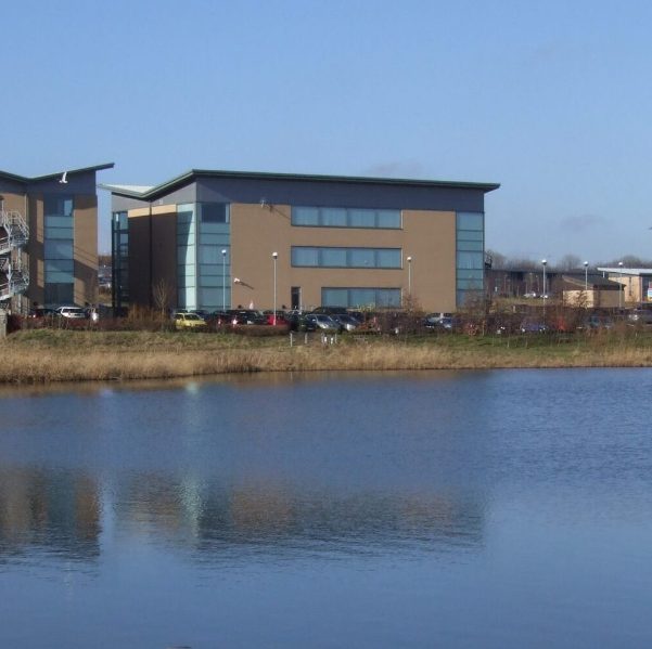 A view across the lake at Bowesfield. Buildings are visible in the background. It's a sunny day and the sky is clear and blue.