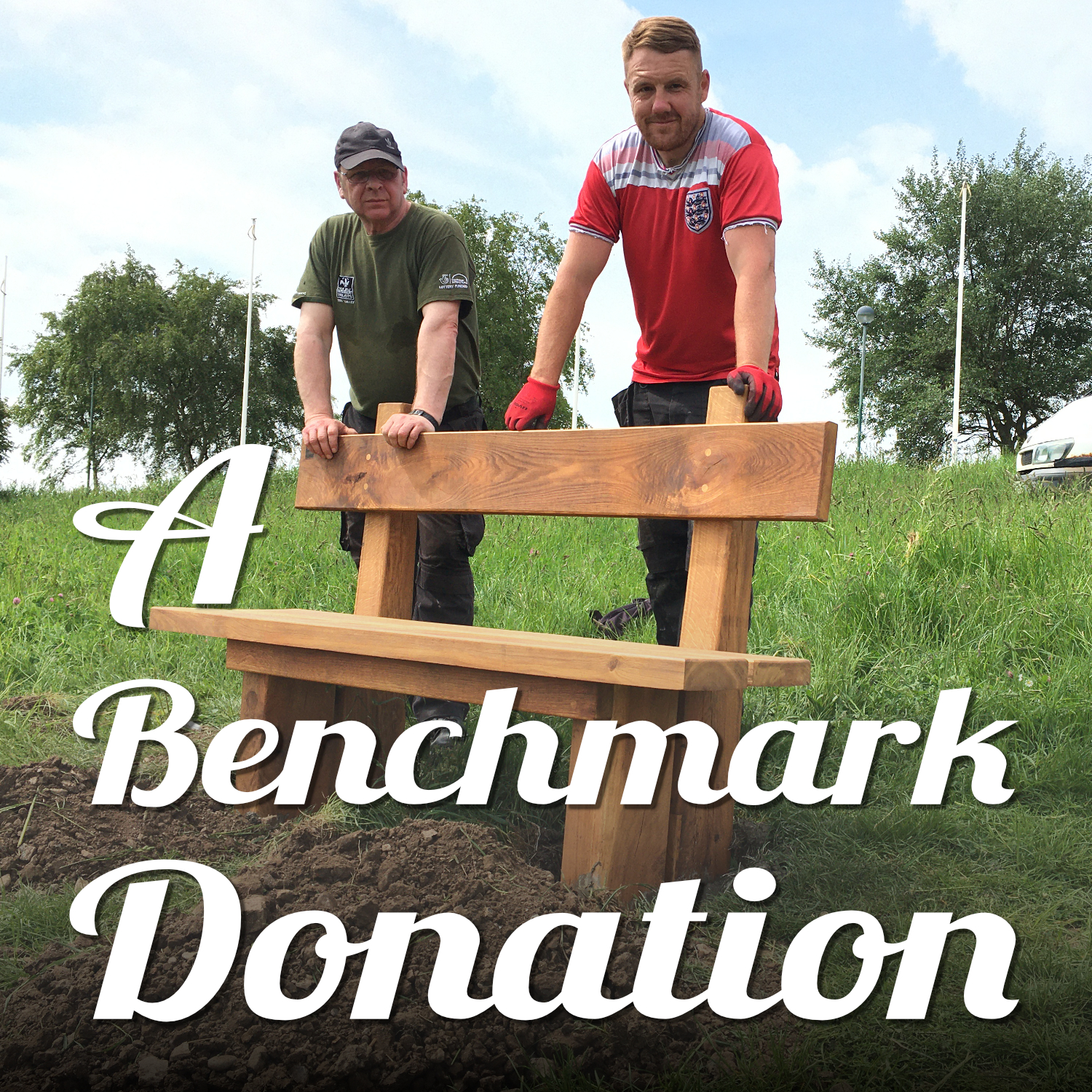 Dontation pays for a new bench. A volunteer and member of staff stand behind a new oak bench they've just installed on our Portrack Marsh Nature Reserve. It was made by staff and volunteers at Tees Valley Wildlife Trust and paid for by Good Nature News Teesside and North Yorkshire. Text reads 'A Benchmark Donation'.