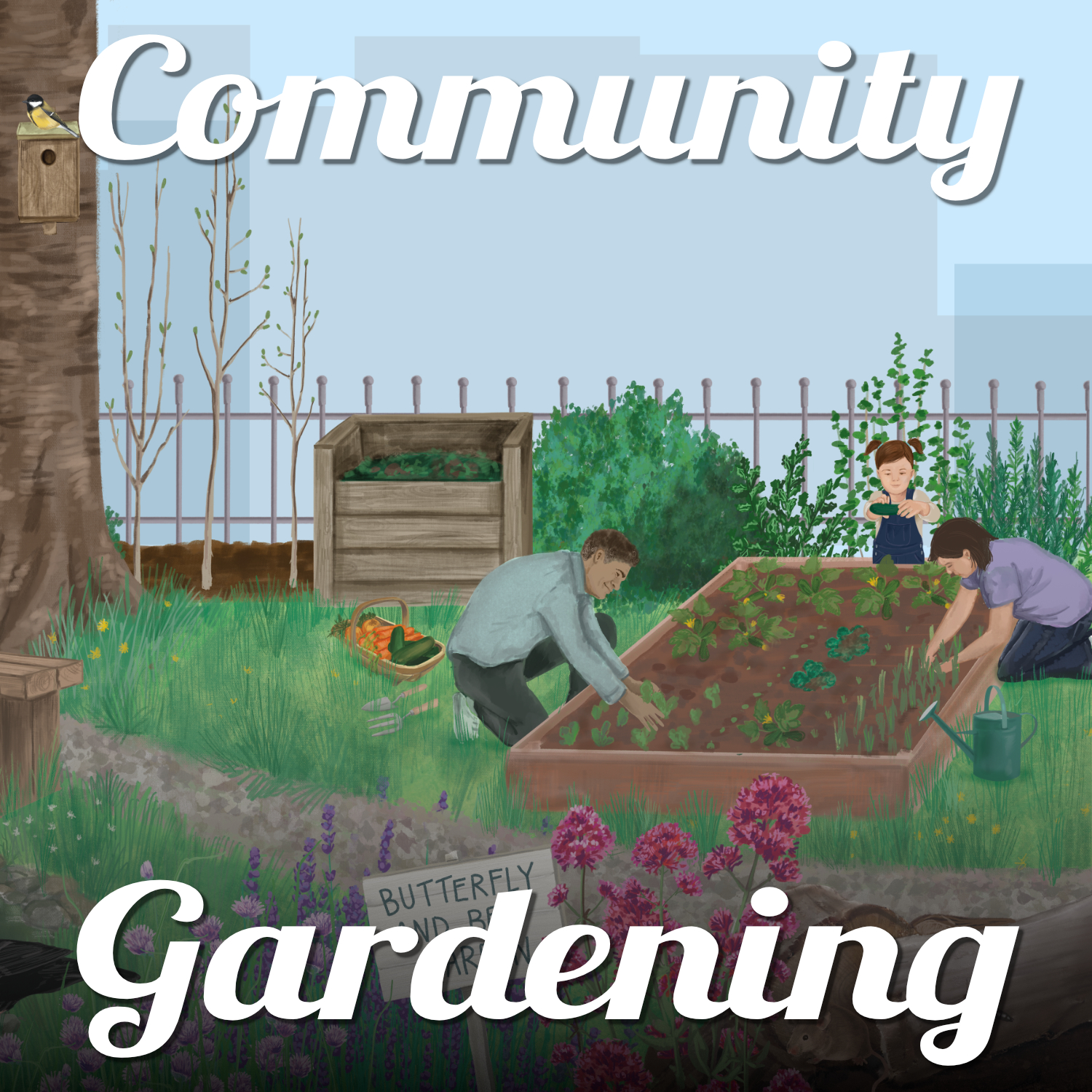 An illustration of a family planting up a raised bed in their garden and nature all around. Text reads 'Community Gardening'.