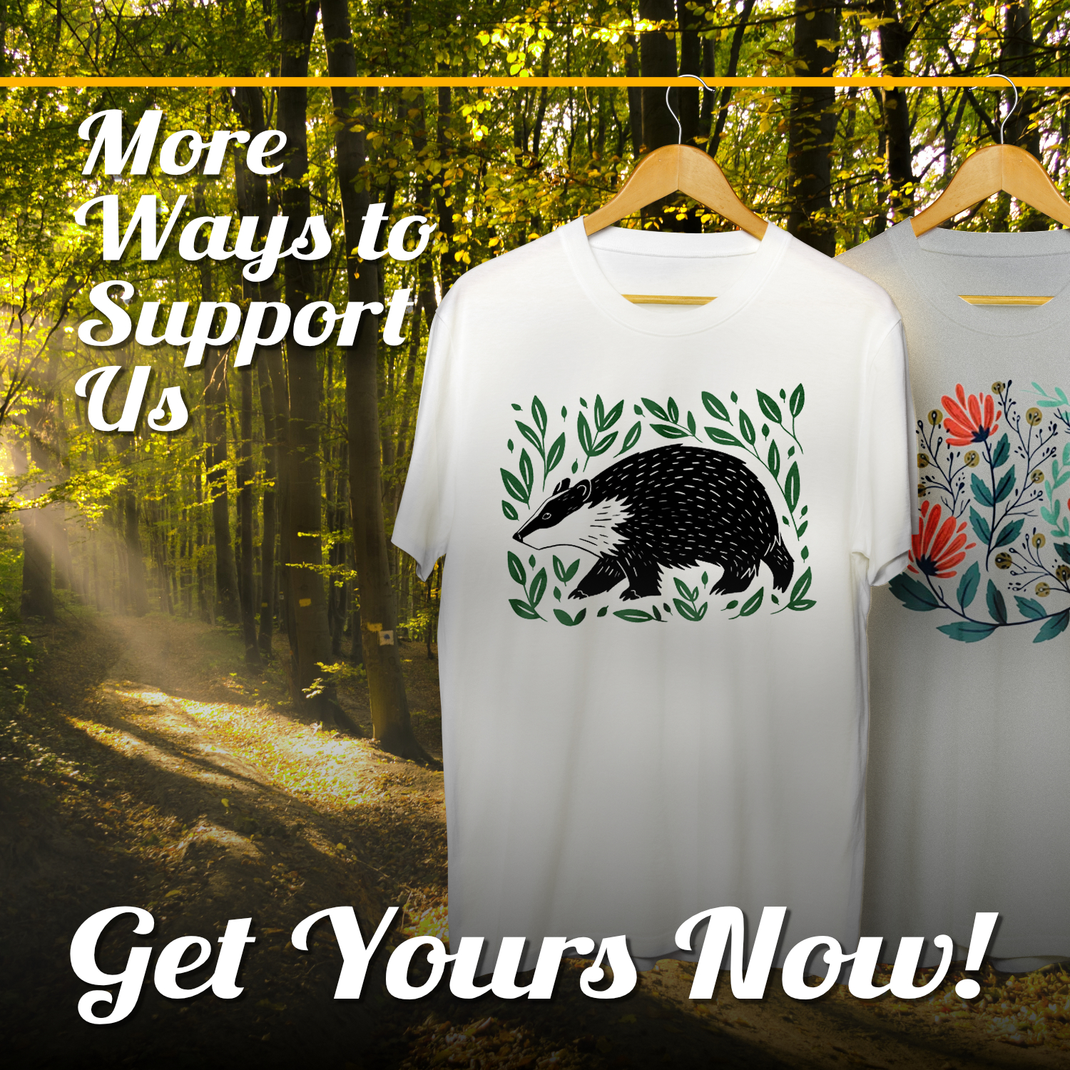 Advert for our Teemill shop with image of t-shirts on a woodland backdrop. Text reads 'More Ways to Support Us' and 'Get Yours Now!'