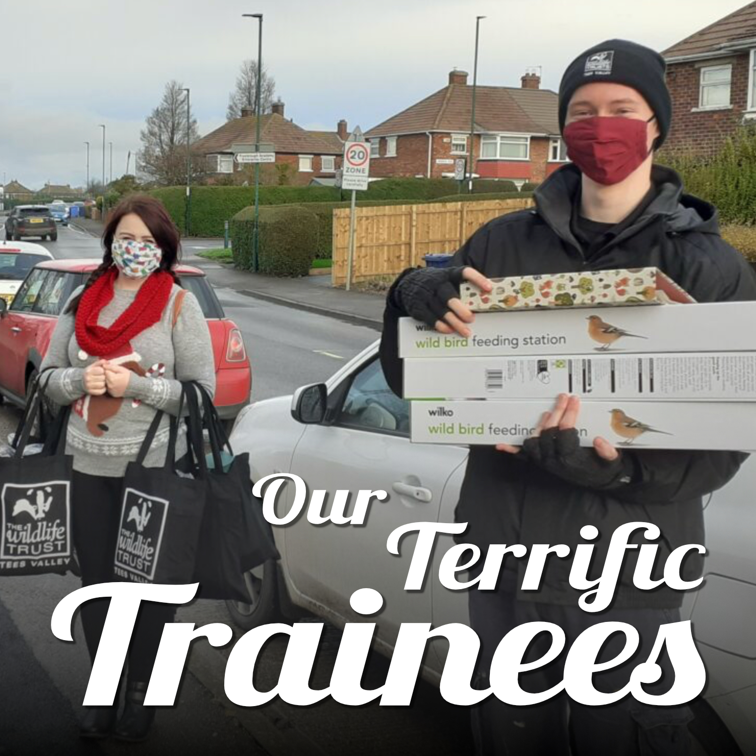 Photo of our trainees delivering Bird Buddies packs. Text reads 'Our Terrific Trainees'.